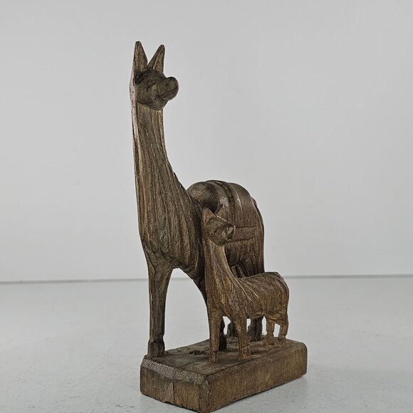 Hand Carved Wooden Llama Alpaca Statue Mom Baby Unique Rustic Home Decor - Picture 2 of 8